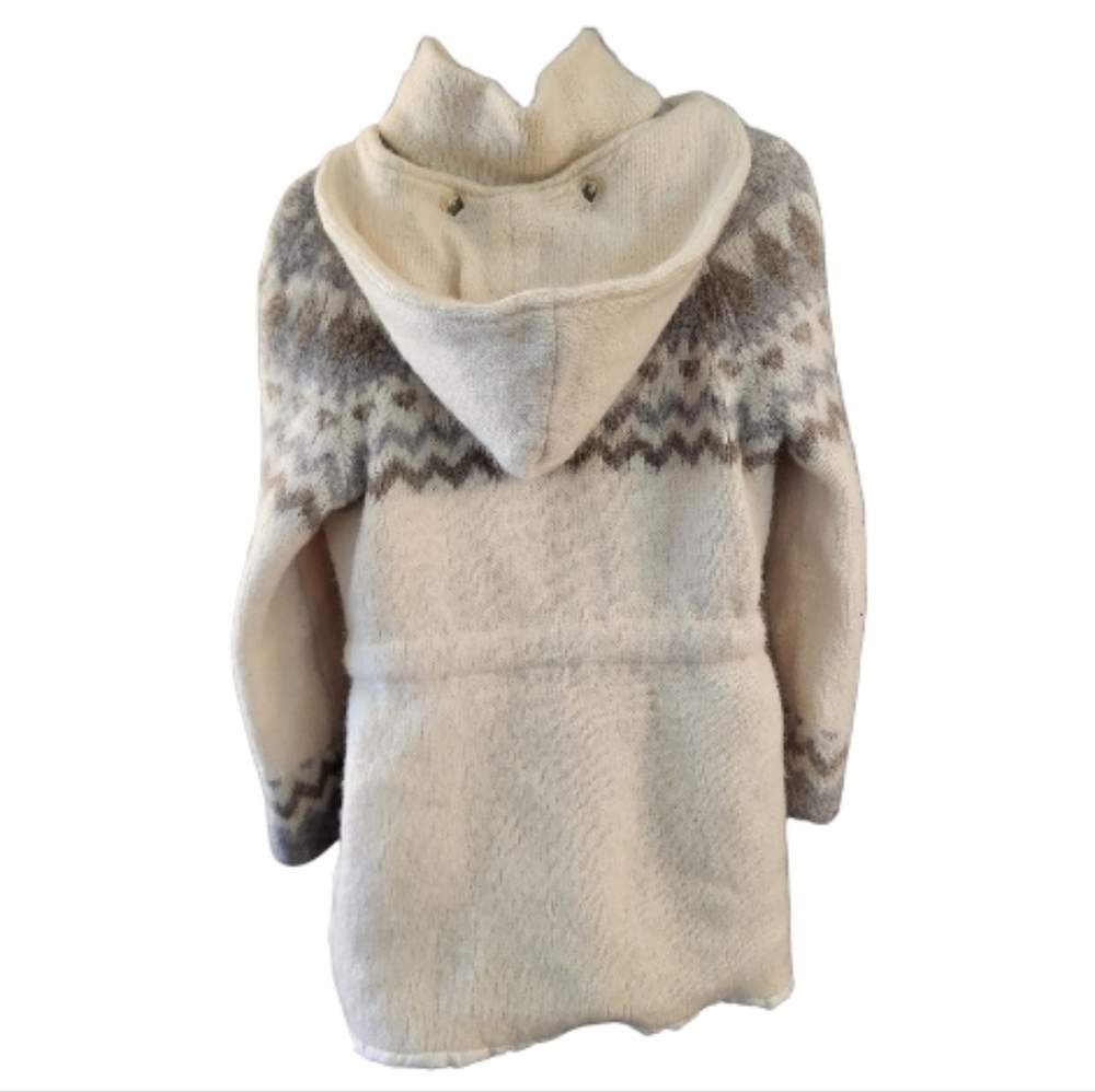 Hilda Ltd Vintage Cozy Icelandic Hooded Sweater Jacket w/ Belt - Cream/Gray-Sz M - Picture 2 of 3